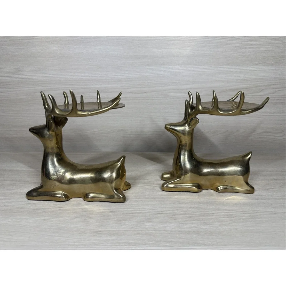 Vintage Brass Reindeer Column Pillar Candle Holders Set 2 Beautiful Heavy Glossy